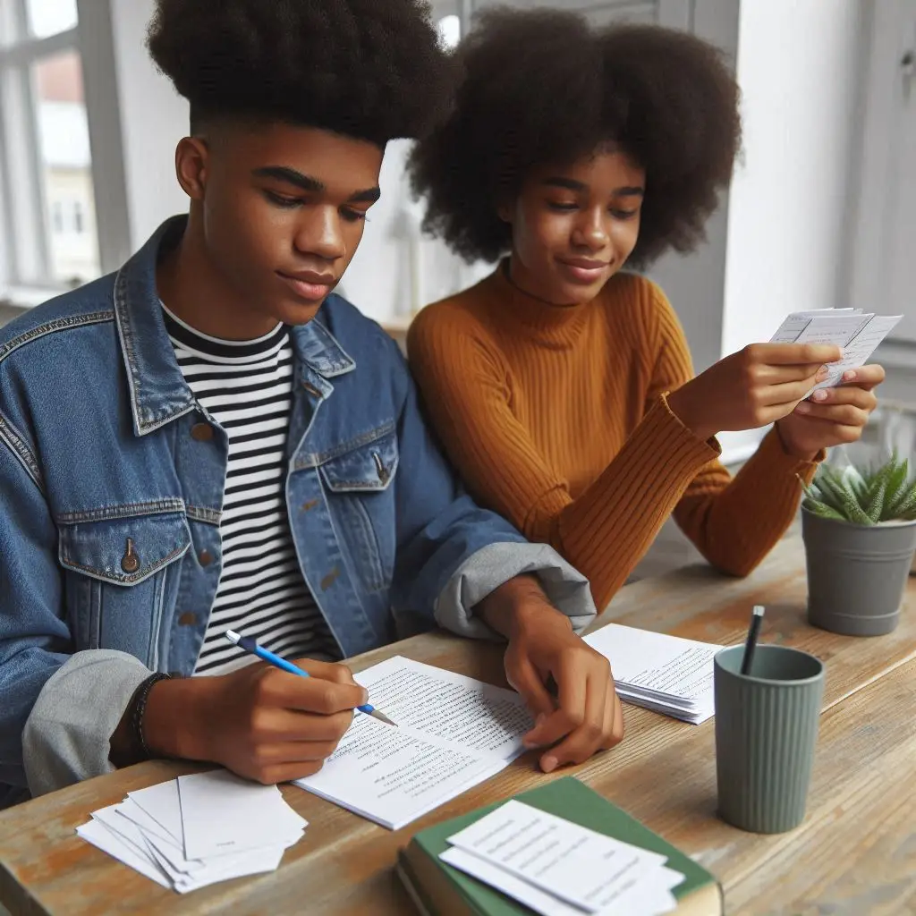 Two people studying with notes.
