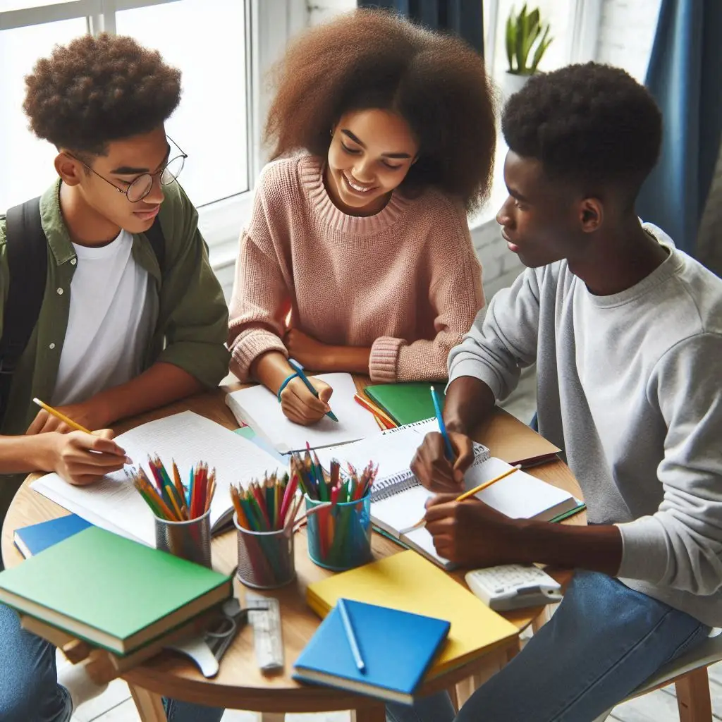 Three students collaborating on homework.