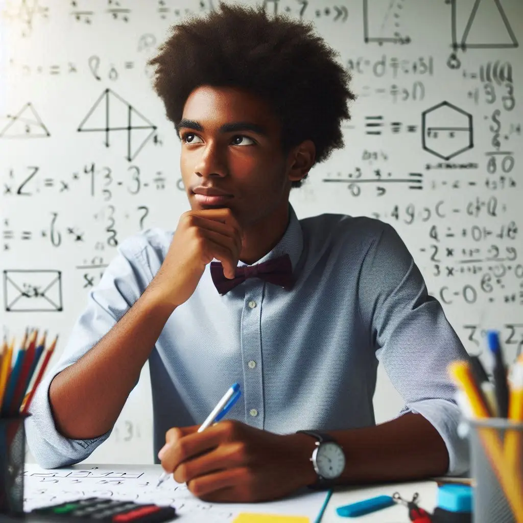 Student pondering over mathematical equations.